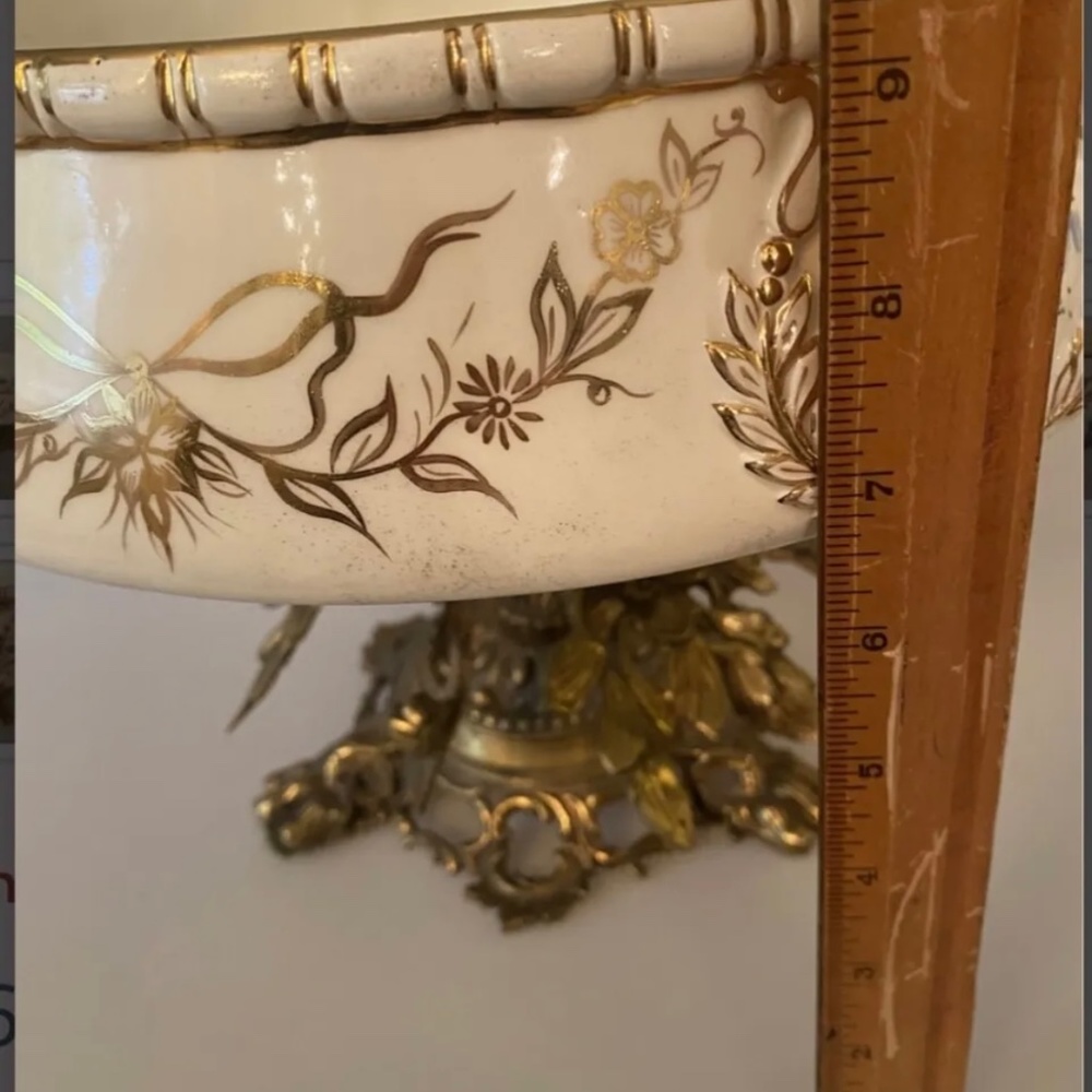 Vintage Floral Porcelain Brass Base Bowl - Picture 3 of 7